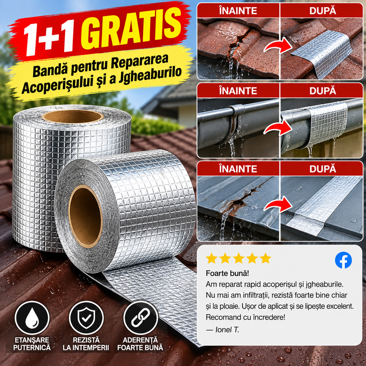 Bandă pentru Repararea Acoperișului și a Jgheaburilor RoofSeal™ 1+1 GRATIS