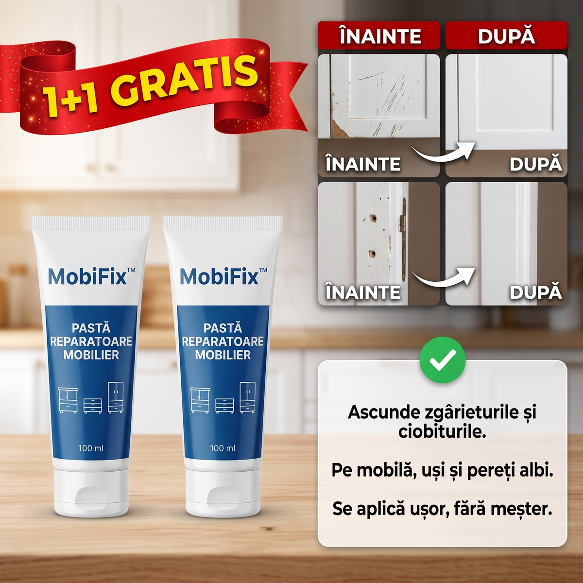 Pastă Reparatoare pentru Mobilier MobiFix™ 1+1 GRATIS