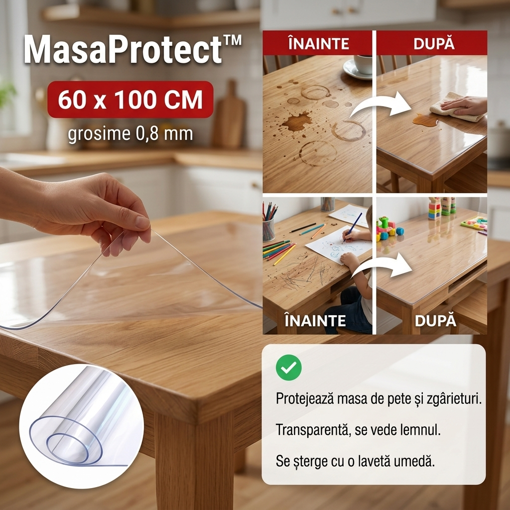 Folie Transparentă de Protecție pentru Masă și Blat MasaProtect™ 60x100 cm